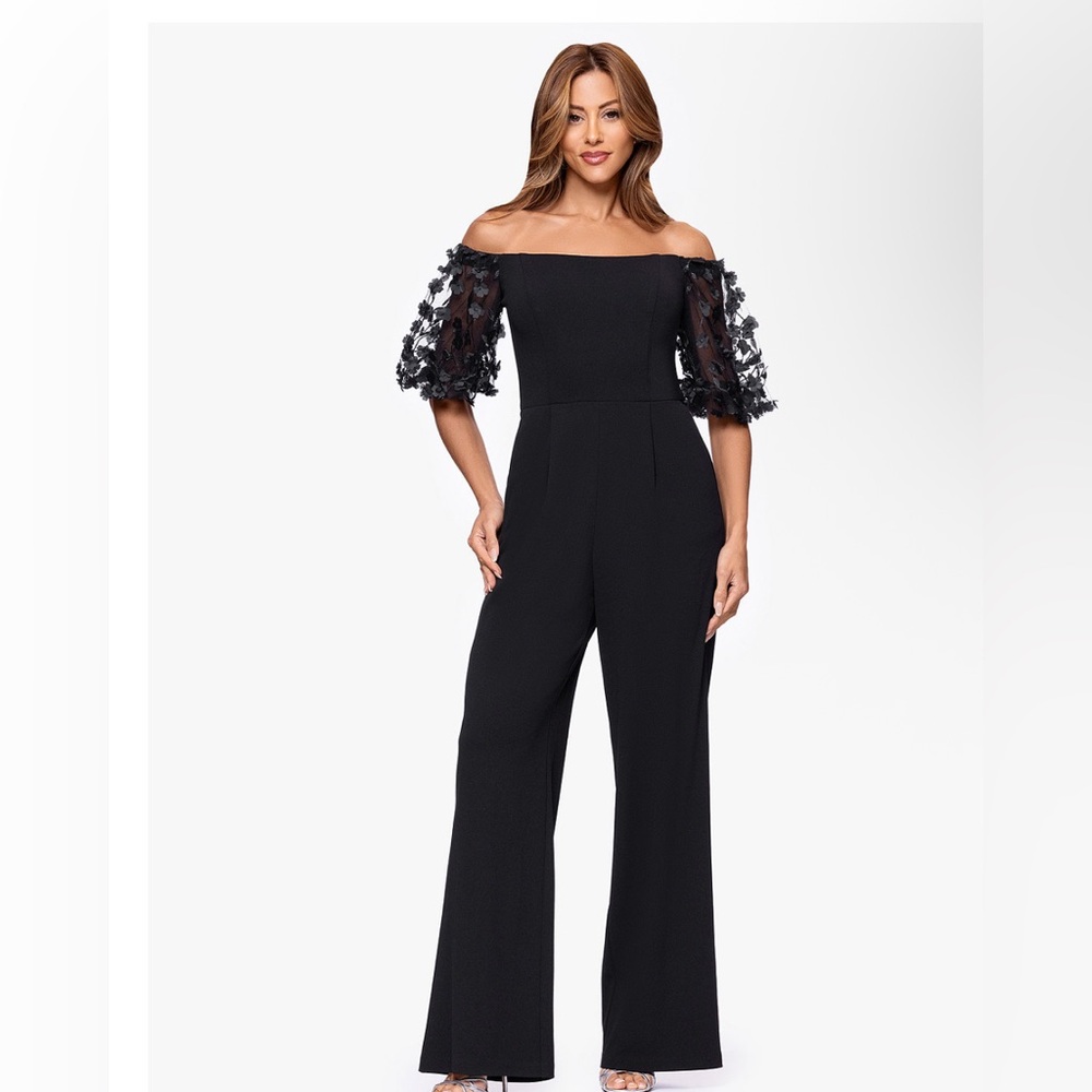 Xscape Black Off-Shoulder Flower Lace Sleeve Jumpsuit NWT SZ 4 Cocktail GALA MOB